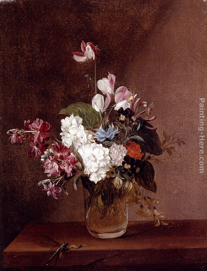 Still Life With Garden Flowers In A Glass Vase And A Dragonfly painting - Louis-Leopold Boilly Still Life With Garden Flowers In A Glass Vase And A Dragonfly art painting